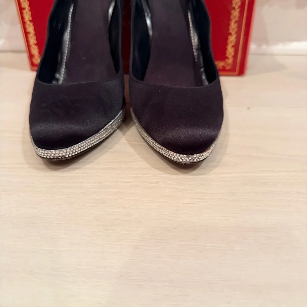 Rene Caovilla Black Satin Pumps with Crystal-Trim Heel